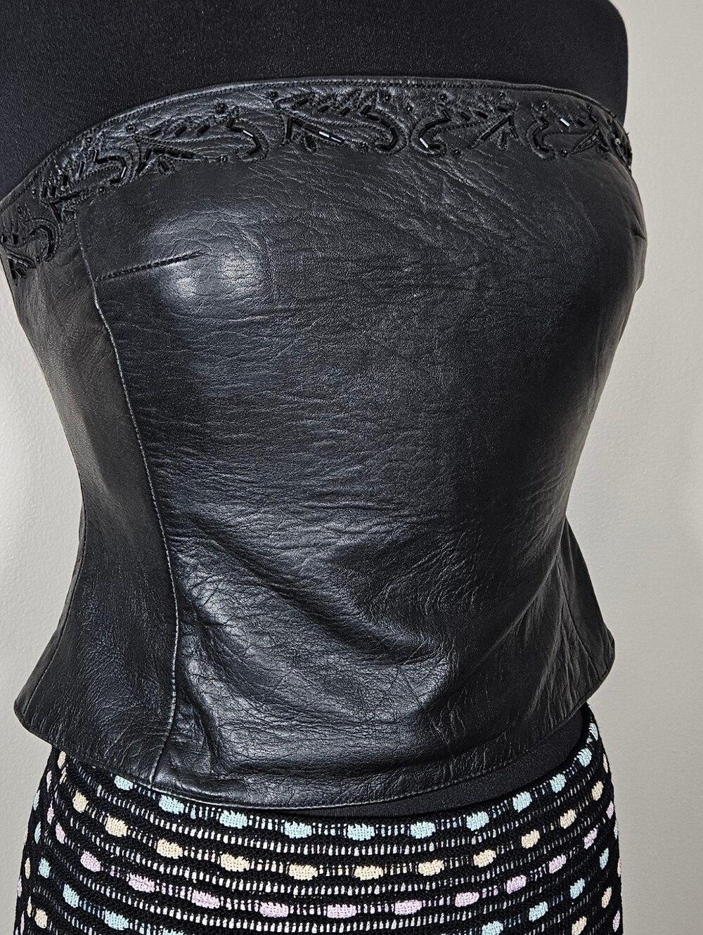 80s Bagatelle Beaded Leather Bustier Cropped Corset Style Strapless Bodice Top M